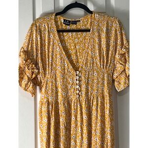 S.R. Fashion Yellow Floral Rayon Maxi Dress V-Neck Ruffle Sleeve Size M